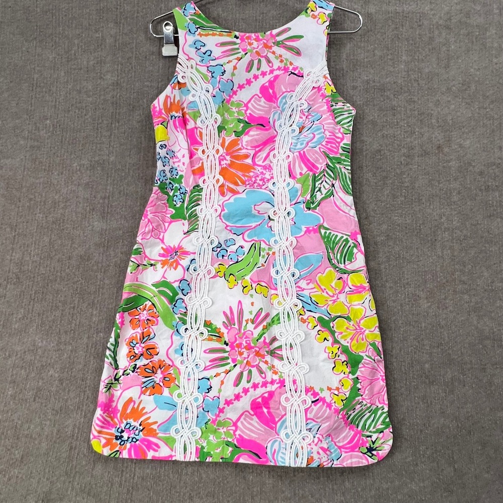 Lilly Pulitzer Sleeveless Pink Multicolor Summer Floral w/ Lace Decal Mini Dress